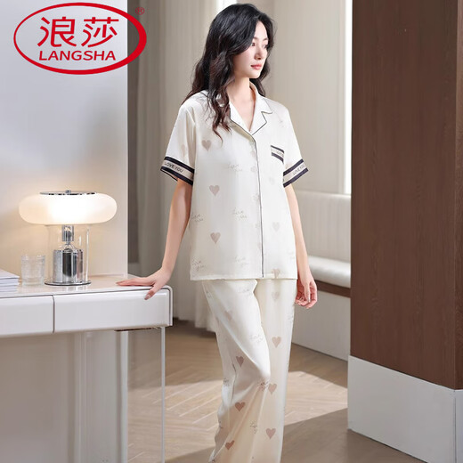 
LangSha silk pajamas for women in summer short-sleeved trousers set for summer thin 2025 new ice silk high-end home clothing 6626 XL (120-140Jin [Jin equals 0.5 kg])