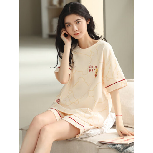 红豆（Hodo）2025年新款织睡衣女夏季纯棉短袖两件套夏天家居服 YZT9853 M 女款_建议80-100斤