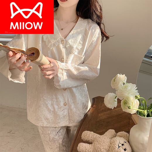 猫人（MiiOW）金丝绒睡衣女秋季女款2024新款长袖长裤甜美公主风花边春秋款冬季 SMSD 9926 白色 L (建议100 120斤)