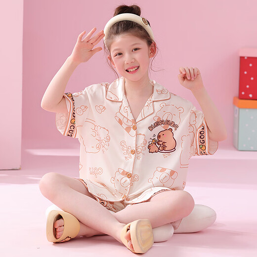 Ella y otras niñas pijamas en verano seda de hielo traje delgado de manga corta para niños dibujos animados lindo y moderno ropa para niños de tamaño mediano G-6630# Beaver 100 Tamaño 8 [Altura 100-110 cm]