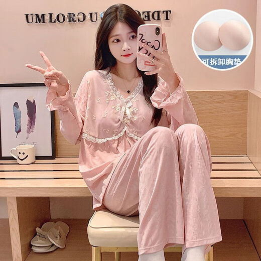 Bunte Edelstein-Juwelen Frühling und Herbst-Pyjamas mit Brustpolster für Frauen V-Ausschnitt Longärmelte Hauskleidung süßer Prinzessinstil 6535 Baumwoll Guangzhou dreizehn 6210# [Pink] 170 m