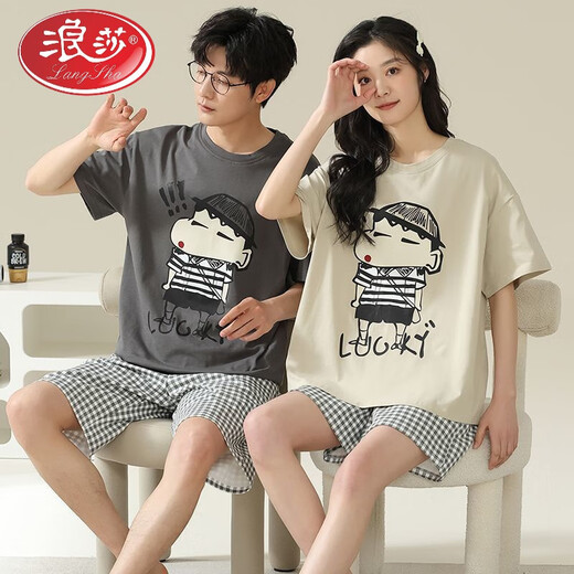 LangSha couple pajamas pure cotton shorts shorts for summer men and women sweet and cute cartoon large size can be worn outside home clothing suit Flagship store-687 XL single woman