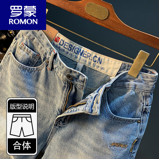 
ROMON Summer Casual Shorts Men's Large Size Light Color Pure Cotton Five-Part Jeans Trendy Embroidery High-end Men's Straight-Part Mid-Part Blue [XY9922] 28 Suitable for weight 95-108Jin [Jin equals 0.5 kg]