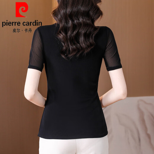 Pierre Cardin Mesh Bottoming Shirt Women's Short-Sleeved T-Shirt Women's 2025 New Summer Black Mommy Dress Slim-fitting Lace Top Black (Short Sleeve Style) 1390# M