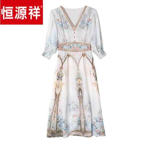恒源祥气质国风真丝连衣裙夏季新款印花桑蚕丝裙女装长款裙V领短袖 图片色3888 M M-90-100斤建议