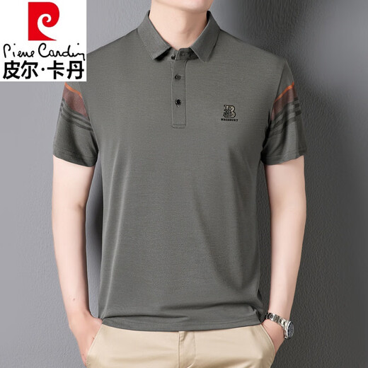 Pierre Cardin middle-aged mulberry silk short-sleeved T-shirt men's summer middle-aged lapel business casual solid color top POLO Paul shirt Gray FL15269 with chest label light luxury high-end brand M 165 (suitable for 100Jin Jin equals 0.5kg -120Jin Jin equals 0.5kg)