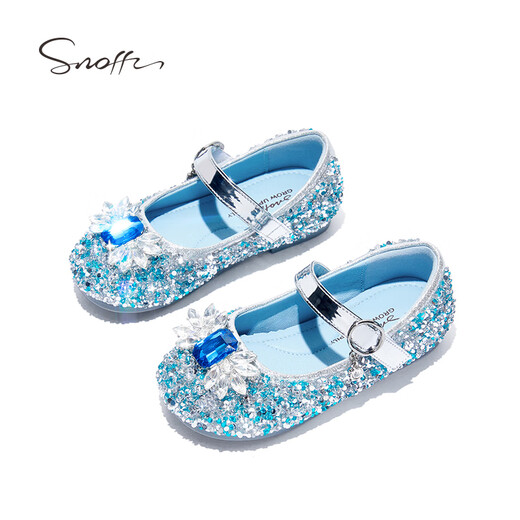 Snuffy girls' leather shoes spring Elsa princess shoes children's crystal shoes medium and large children's performance shoes soft-soled shoes ice and snow blue 26