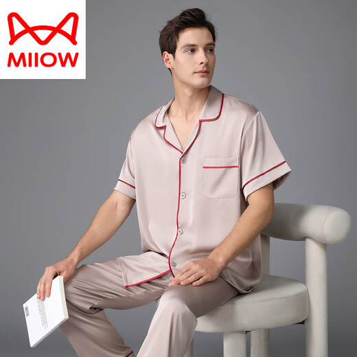 Catman (Miiow) Pyjamas Herren Sommerseide Dünne kurzärmelige Hose Frühling und Herbst Hauskleidung Seide Europa und Amerika 2025 Neuer Stil Schwarz grau 3899 l (Gewicht 100-130 Jin [Jin entspricht 0,5 kg])