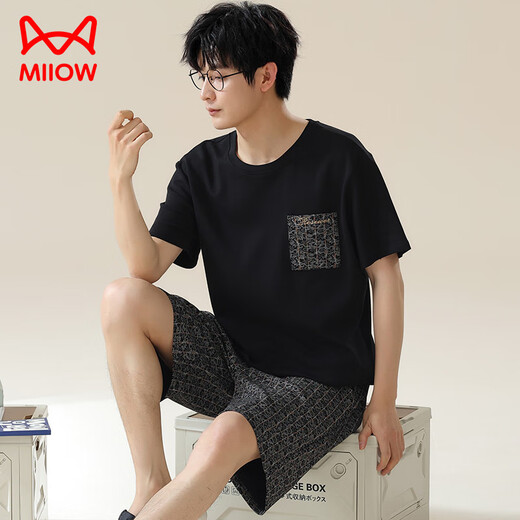 
Cat Man (MiiOW) Summer Men's Pajamas Imitation Cotton Pull-up Short Sleeve Shorts Casual Large Size Teenagers Can Wear Thin Home Clothing Men A3523 L