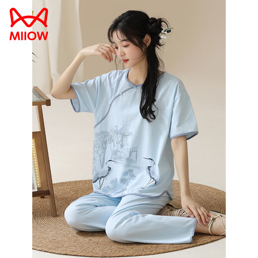 猫人（MiiOW）夏季女士短袖国风睡衣套装棉新中式长裤家居服夏天可外穿薄款简约 Y9905 M (建议75-95斤)