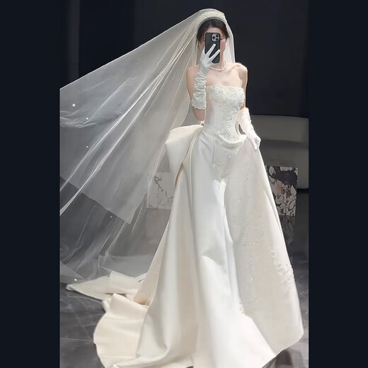 Wenmi fishtail wedding dress bridal main yarn high-end tube top satin light dress for women 2025 new simple texture engagement outing white small tail no free veil S