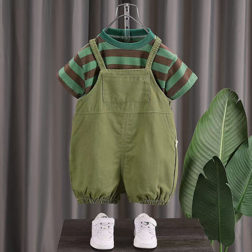 [Traje de pandeliers] ropa para niños para niños correa de color sólido 2025 pantalones sueltos de verano traje verde musgo 100
