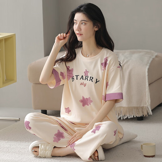 Summer women's short-sleeved pajamas set pure cotton cotton trousers home clothes spring and autumn thin styles can be worn outside in spring and autumn Y9712 M (recommended 75-95Jin [Jin equals 0.5 kg])
