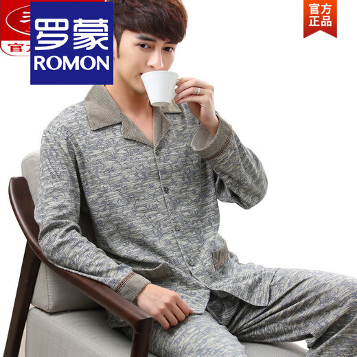 罗蒙（ROMON）睡衣男士春秋纯棉长袖可外穿全棉大码薄款秋季家居服套装精选高品 834满地 5XL 数
