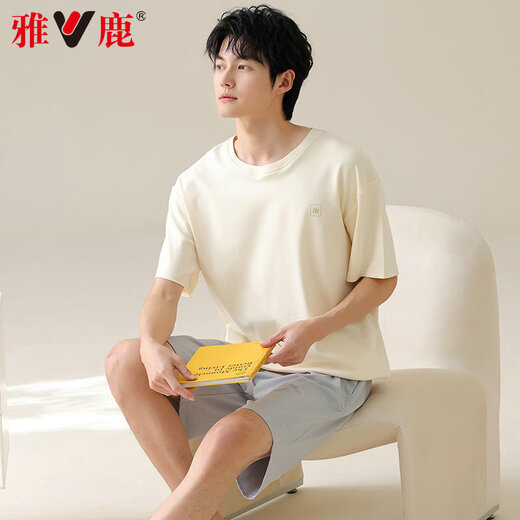 雅鹿男士睡衣男纯棉夏季薄款短袖全棉可外穿休闲大码男生家居服套装 42m13601 3XL  推荐体重160-180斤
