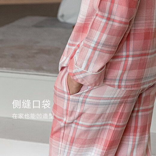 Qiulu couple pajamas for women, comfortable cotton, spring woven long-sleeved plaid cotton men's home wear set, cherry blossom pink 90 women's XL