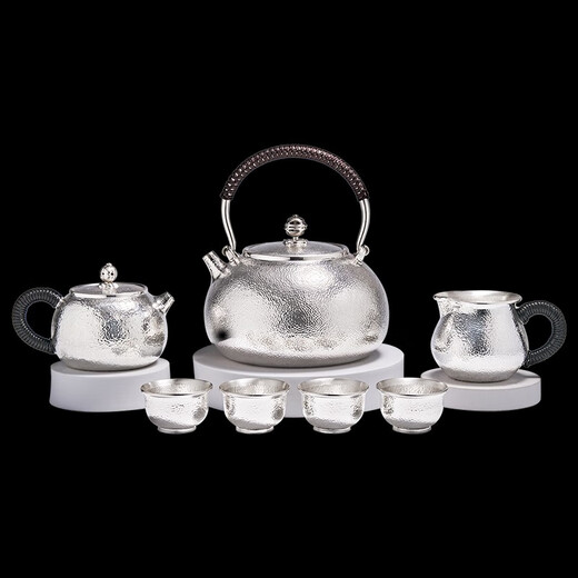 归银堂纯银999足银茶具套装纯手工锤纹茶道家用送礼烧水壶泡茶壶 烧水壶 695克+证书+礼盒 0ml