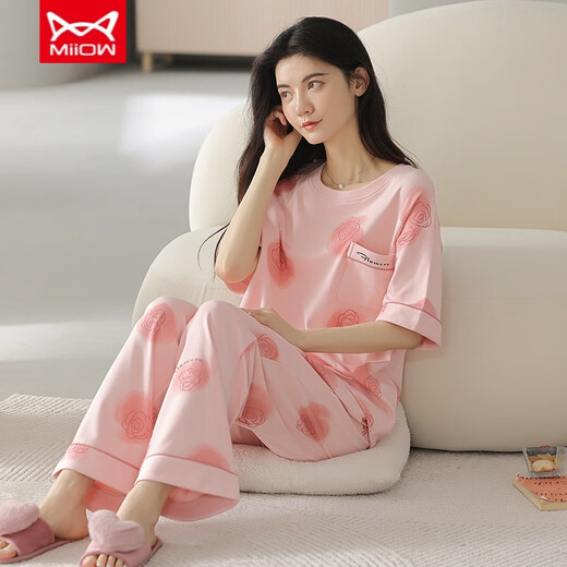 猫人（MiiOW）睡衣女夏季纯棉短袖长裤薄款纯棉夏天女士家居服套装春秋季 YZT9712主图款 短袖长裤 M 80-100斤
