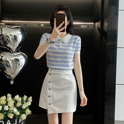 Longwenstin (L.WEST) Summer 2025 New Korean Striped Short Sleeve Top Slim and Versatile Denim Short Skirt Suit Skirt Two-piece Summer White Skirt 7170B S