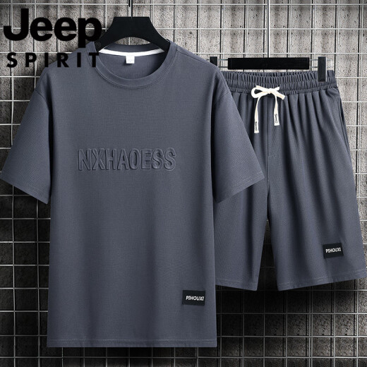 JEEP SPIRIT Jip Waffle Casual Set Men's Summer Teen Large Size Men's Sports Short Sleeve Shorts Two-Piece Set 829-Gray 2XL 160-180Jin[Jin equals 0.5 kg]
