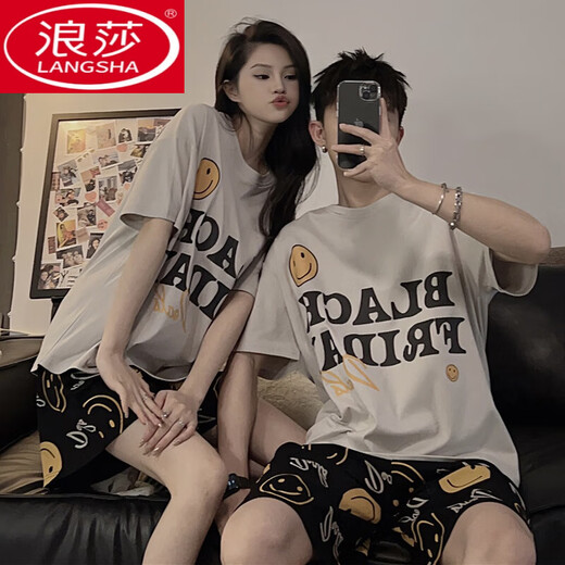 浪莎（LangSha）韩版高级感笑脸情侣睡衣女夏季薄款纯棉家居服男士七夕情人节礼物 灰色笑脸短款袖#692 XL 男款
