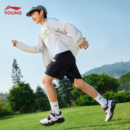 Li Ning children's shoes, children's sports shoes, men's and women's summer hollow mesh sandals, soft breathable frame shoes YKCV078 black/standard white-7 37