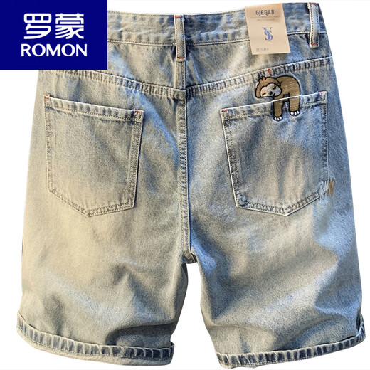 
ROMON Summer Casual Shorts Men's Large Size Light Color Pure Cotton Five-Part Jeans Trendy Embroidery High-end Men's Straight-Part Mid-Part Blue [XY9922] 28 Suitable for weight 95-108Jin [Jin equals 0.5 kg]