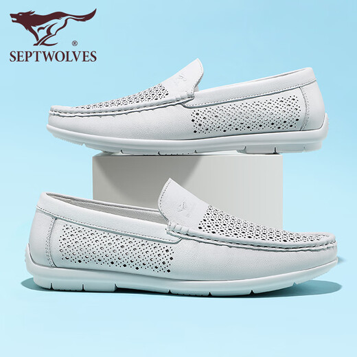 
Seven Wolf men's shoes summer loafers men's one-foot bean shoes hollow breathable business casual leather shoes men's head layer cowhide white 9925 38