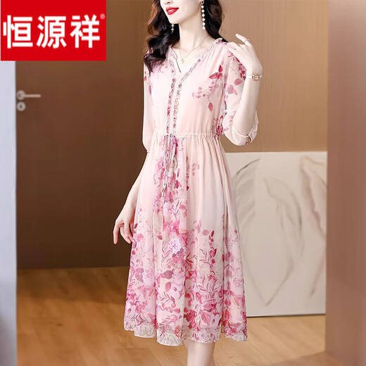 恒源祥气质国风真丝连衣裙夏季新款印花桑蚕丝裙女装长款裙V领短袖 图片色3887 M M-90-100斤建议
