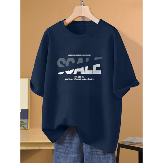 Kuzhang (Kuzhang) 2025 Summer Nueva camiseta de manga corta de algodón de algodón de gran tamaño para que las mujeres se cubran el vientre y las hagan se vean delgadas y de moda 1047# azul marino algodón azul recomendado 80-100Jin [Jin equivale a 0.5 kg]