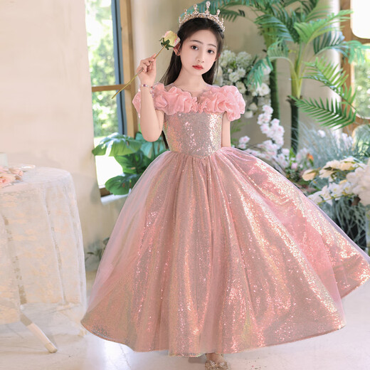 兔芊（TUQIAN）女童礼服粉色生日宴公主裙女童礼服夏粉色公主裙轻奢时尚蓬蓬长裙 蜜粉007+[模特皇冠+钢圈裙撑] 160cm(建议7185斤) 均码