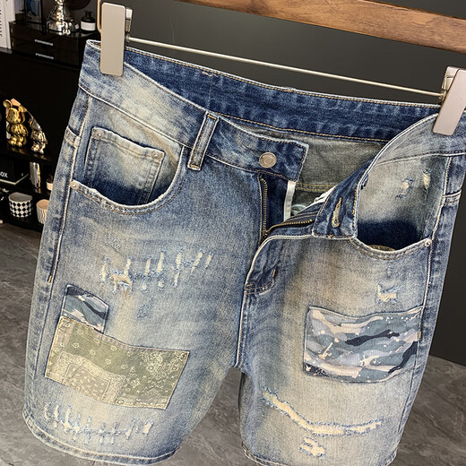 GUANGAN AEPE retro old cat whisker wash ripped denim shorts men's workwear summer loose harem pants men's five-point pants light blue CY3814 36 Recommended weight 170-185 Jin [Jin equals 0.5 kg]