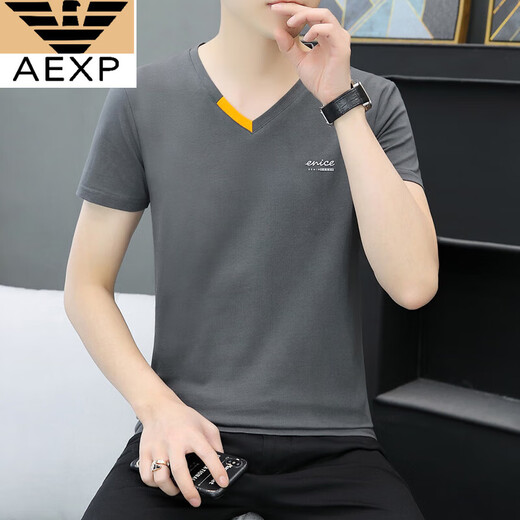 AEXP 7高端品牌夏季新款男士纯棉V领半袖T恤潮流休闲小字母印花鸡心领短 691白色 M 90-100斤