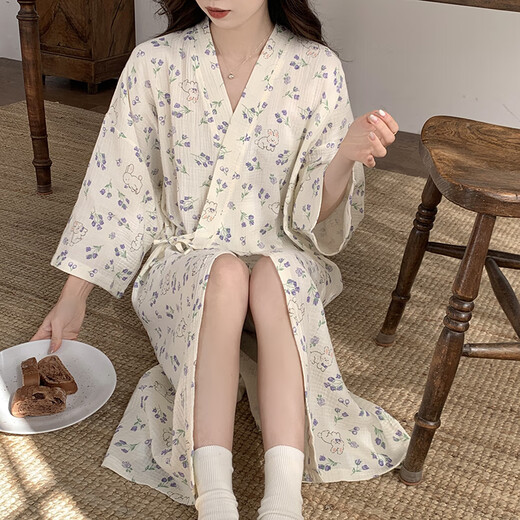 贝逸芙睡袍春秋款女纯棉纱布蜜桃夏季浴袍日式和服浴衣女款睡裙夏款睡衣 QKM671#紫色小花 L