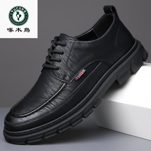 Woodpecker casual leather shoes for men genuine leather spring and summer breathable British business formal wear non-slip work soft sole black big toe trendy shoes black 40