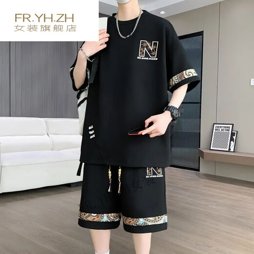 FR.YH.ZH凌越男装店2025夏季休闲运动套装男士百搭两件套 SI23黑色(YYW6195)ER5SI M(90-110斤)