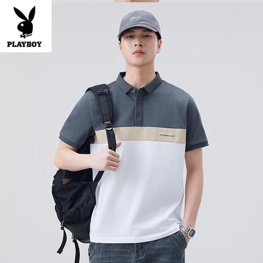 花花公子（PLAYBOY）2025夏季冰丝棉短袖T恤男装翻领拼接百搭POLO衫休闲时尚潮流体恤 826白色 XL 130-145斤