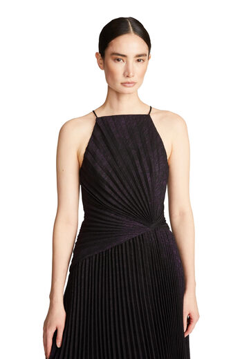 Halston Women's Mid-Length Cocktail Dress Pleated Sleeveless Flared Skirt Party Formal Black/Fuchsia 12