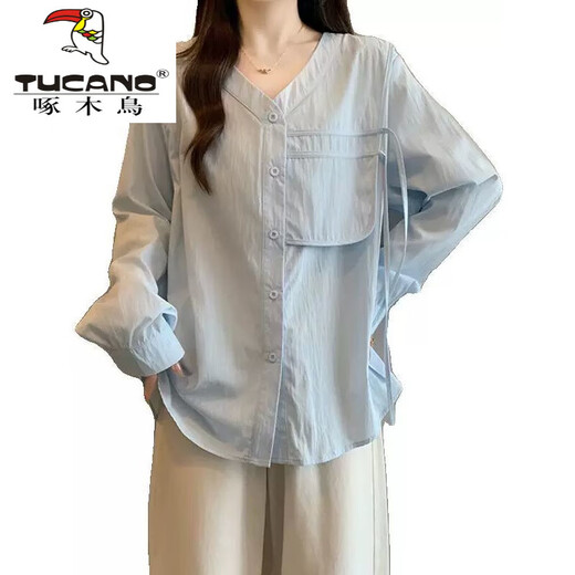 Woodpecker (TUCANO) right shoulder sun protection shirt women's large size V-neck 2025 spring and autumn large size fat mm irregular shirt ribbon top blue shirt XL 120-150Jin Jin equals 0.5 kg