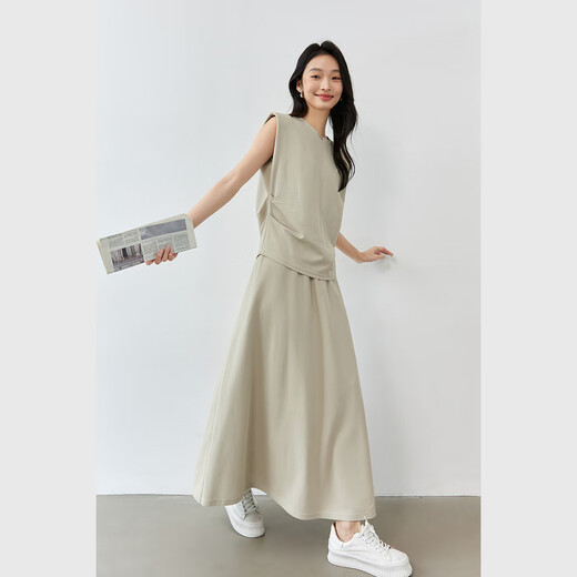 梵希蔓休闲套装裙女2025年夏季新款圆领刺绣上衣A字半身裙两件套 M9863 卡其绿 XL