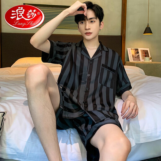 LangSha light luxury men's pajamas new summer ice-sensing shorts shorts home clothes summer youth silk cardigan suit ice silk men's G723 L (height about 170, weight -130Jin [Jin equals 0.5 kg])