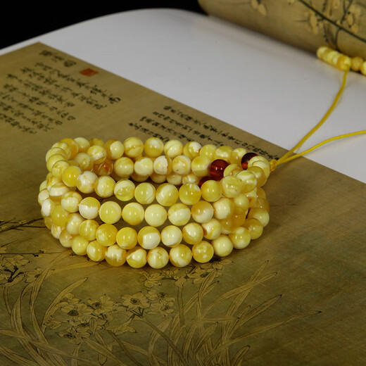 Famous Amber Family Natural Beeswax Rosary Beads Unoptimized Amber 108 Buddha Beads White Flower Wax Amber Bracelet Authentic Birthday Gift