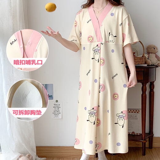 带胸垫月子服夏季短袖产妇哺乳睡裙夏天孕妇睡衣医院房待产裙大码 SY16813 L 建议体重120斤以内