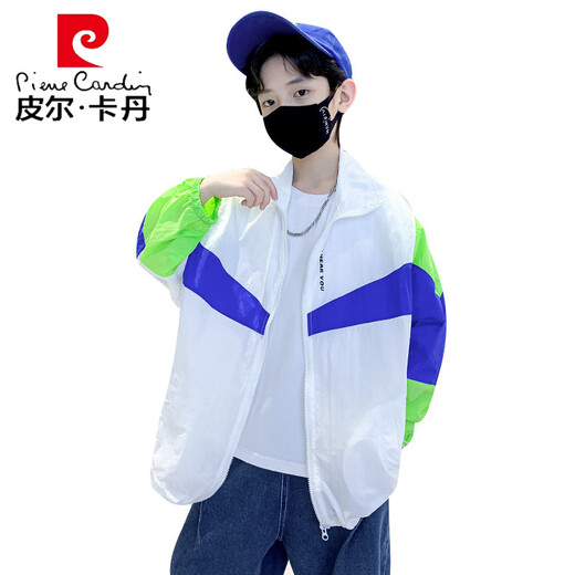 Pierre Cardin Boys' Sun Protection Clothing Summer Thin 2025 New Ice Silk Boys' Jacket Children's Sun Protection Clothing Boys Summer Clothes White Color Block Sun Protection Clothing 120 cm