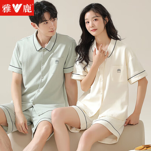 Yalu couple pajamas summer pure cotton short-sleeved shorts simple cardigan can be worn outside men's and women's cotton home clothes summer X12707-12808# M women's