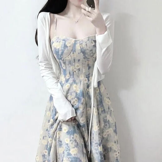 FOX.G碎花吊带连衣裙女裙子2025夏季纯欲气质海边度假新品长裙子两件套 蓝色油画碎花连衣裙两件套 M 【建议105斤以内】