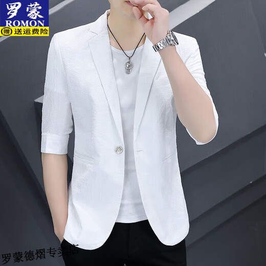 Romon's 7-quarter sleeve suit men's ice silk thin casual jacket summer Korean mid-sleeved top breathable short suit black 2XL 140Jin [Jin equals 0.5 kg] below
