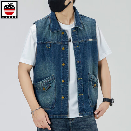 Aemape Apple Light Color Großgröße Lose Jeansweste für Männer und Frauen Frühling und Sommer Trendy Marke Retro Workwear lässig Ärmele Horse Clip Weste 6231# Retro Blue 4xl (Empfohlen 190-205 Jin [Jin gleich 0,5 kg]))