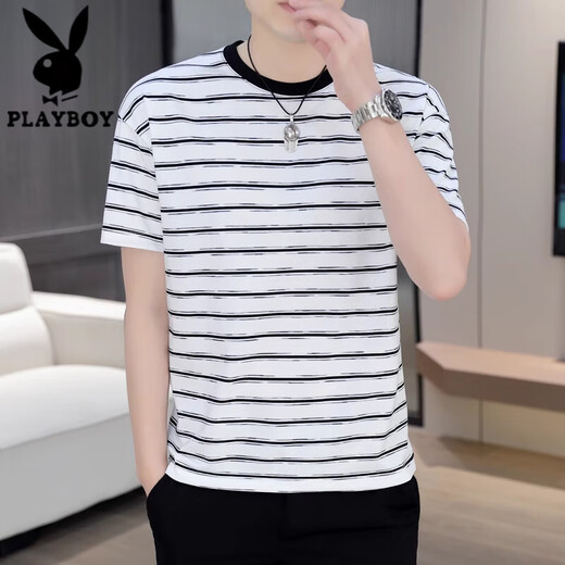 
Playboy (PLAYBOY) striped short-sleeved T-shirt for men summer thin Korean style trendy half-sleeved top casual cool T-shirt for men T 9905 khaki XL [121-140Jin [Jin equals 0.5 kg]]