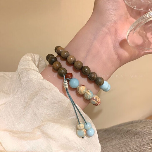 SHOUSHAN Green Sandalwood Splaceling para mujeres Estilo chino Pulsera zen de madera para hombres Escrita a mano de estilo étnico Retro